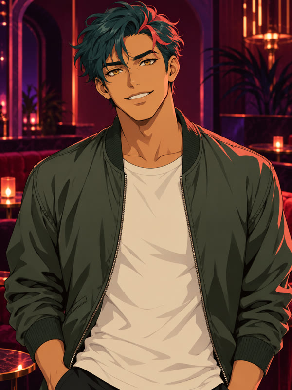 Input illustration: original adult anime character with dark teal hair and a green jacket